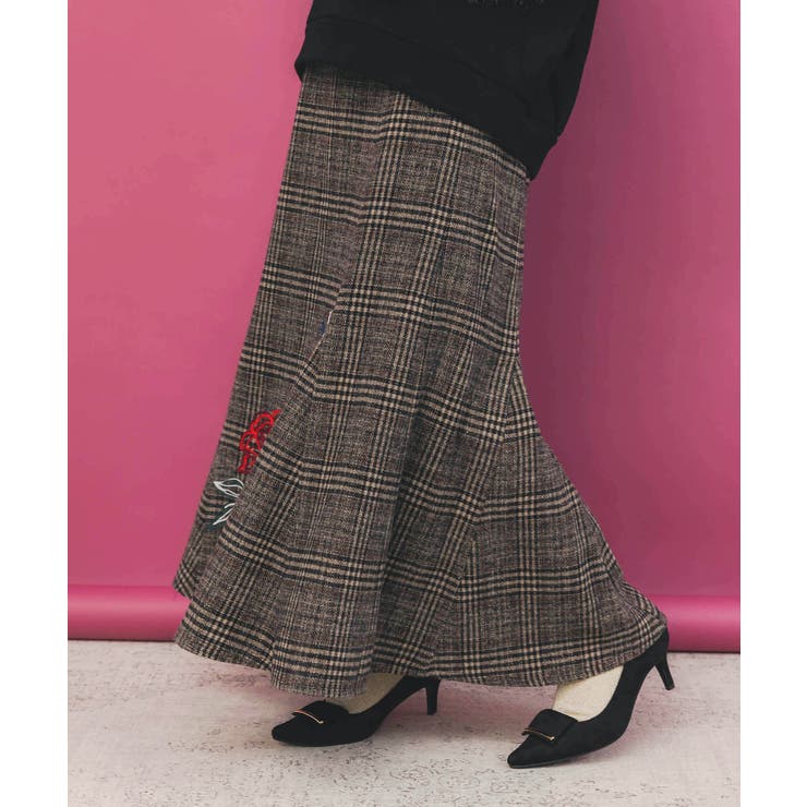 バラ×蝶刺繍起毛 チェックマーメイドスカート | ScoLar | 詳細画像4 