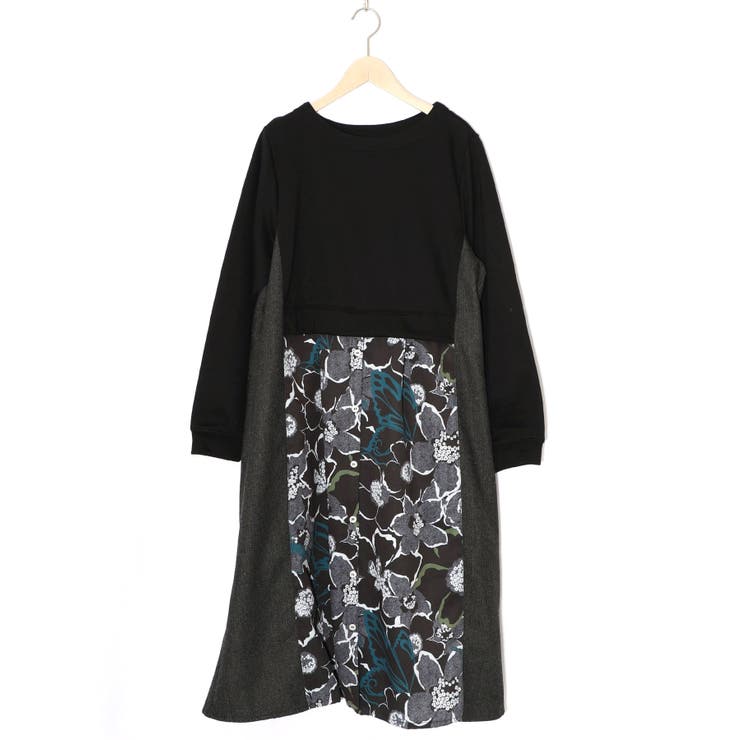 花柄ヘリンボーン×裏毛×布帛 異素材切替ワンピース | ScoLar | 詳細画像9 