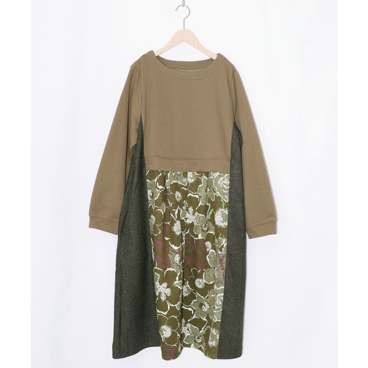 ベージュ | 花柄ヘリンボーン×裏毛×布帛 異素材切替ワンピース | ScoLar