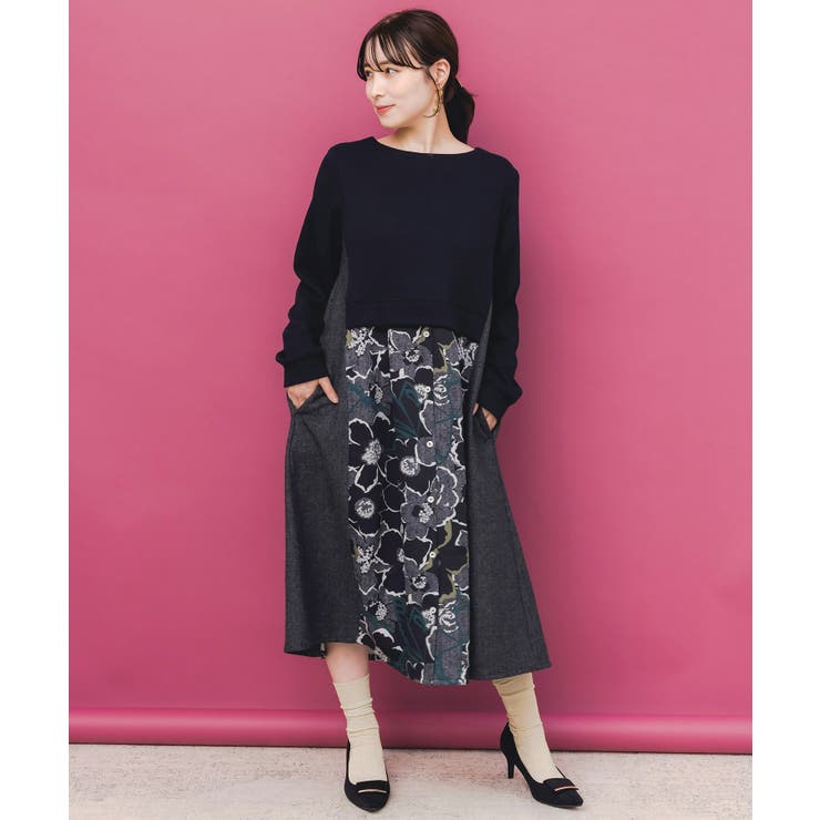 ブラック | 花柄ヘリンボーン×裏毛×布帛 異素材切替ワンピース | ScoLar