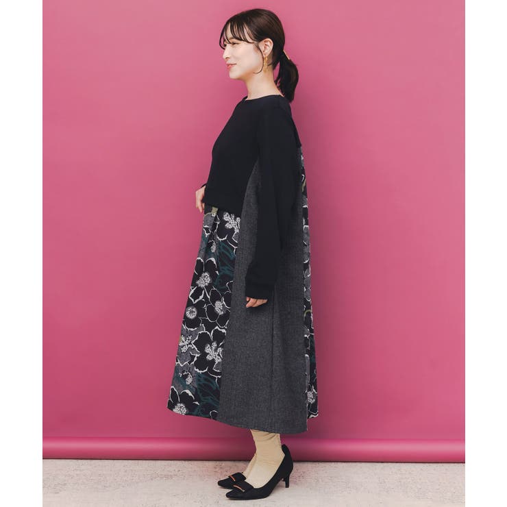 花柄ヘリンボーン×裏毛×布帛 異素材切替ワンピース | ScoLar | 詳細画像3 