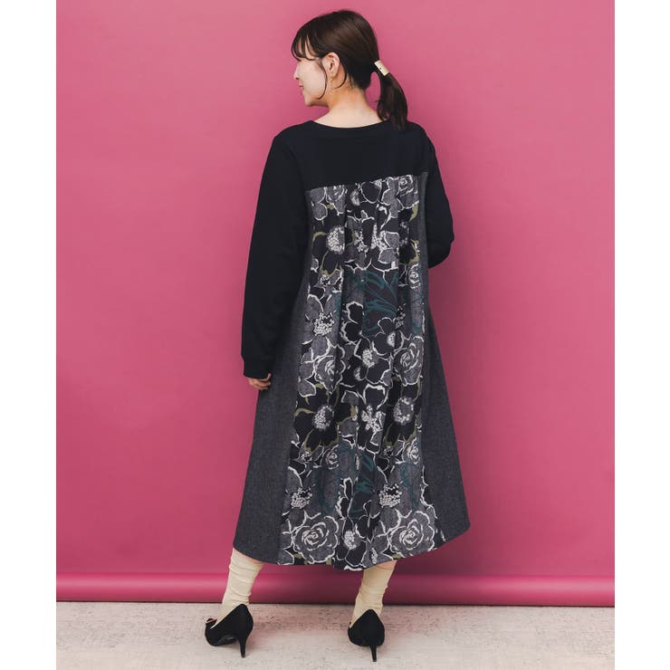 花柄ヘリンボーン×裏毛×布帛 異素材切替ワンピース | ScoLar | 詳細画像4 