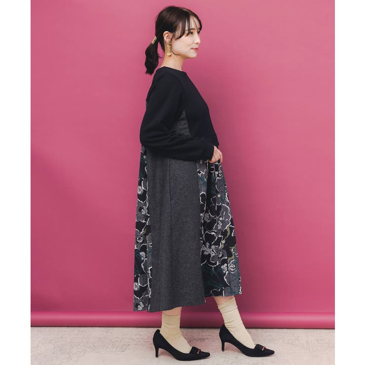 花柄ヘリンボーン×裏毛×布帛 異素材切替ワンピース | ScoLar | 詳細画像5 