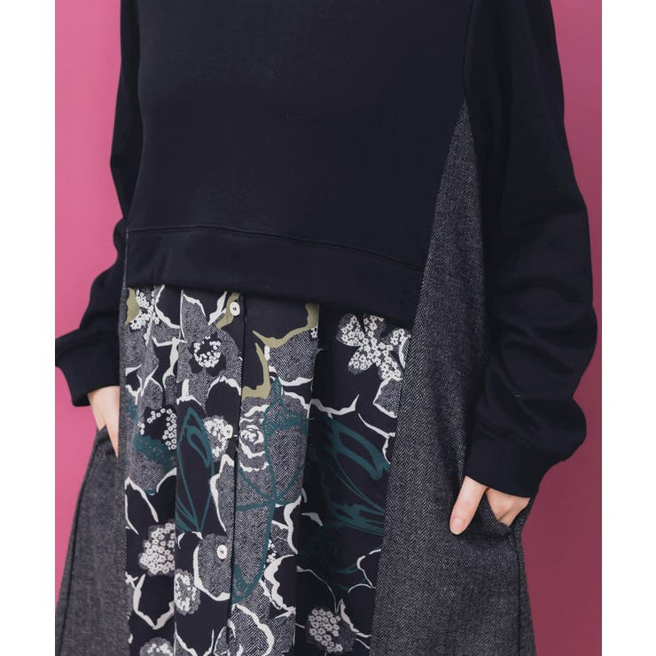 花柄ヘリンボーン×裏毛×布帛 異素材切替ワンピース | ScoLar | 詳細画像6 