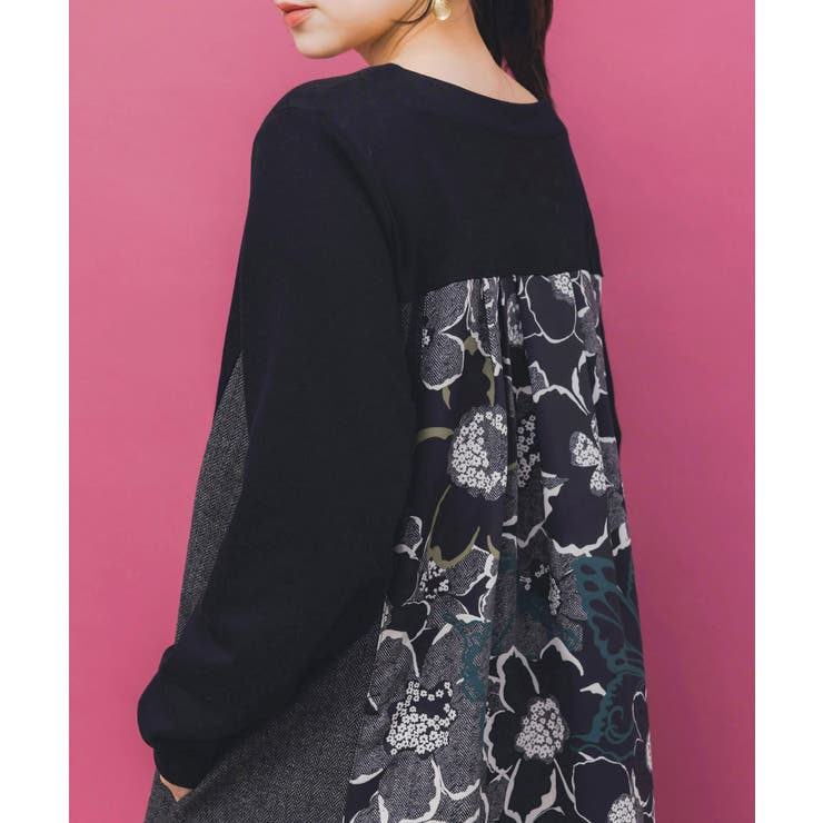 花柄ヘリンボーン×裏毛×布帛 異素材切替ワンピース | ScoLar | 詳細画像7 