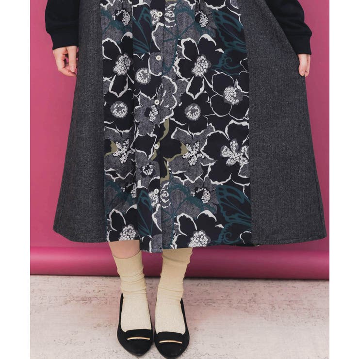 花柄ヘリンボーン×裏毛×布帛 異素材切替ワンピース | ScoLar | 詳細画像8 