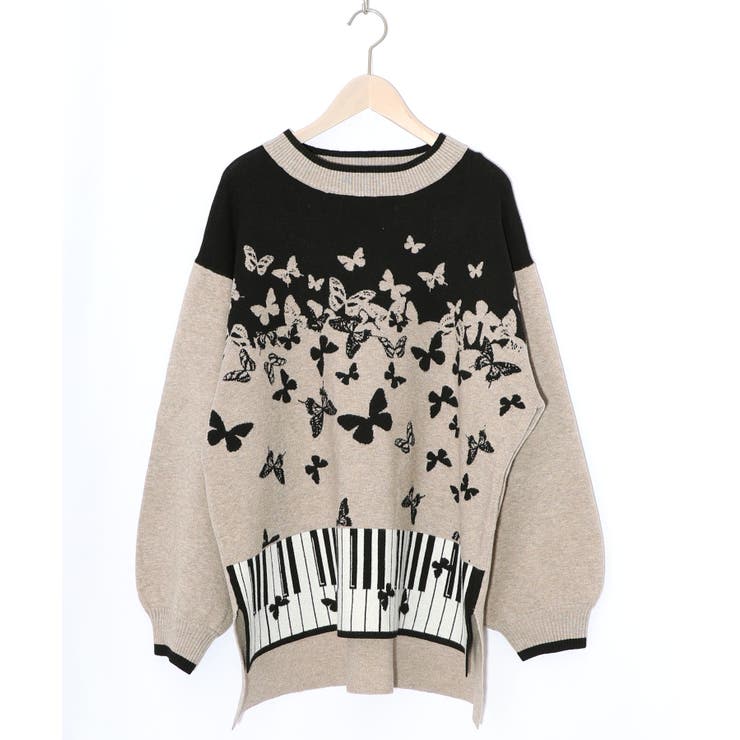 ピアノ×蝶柄バイカラーニットプルオーバー[品番：SRSW0002233]｜ScoLar