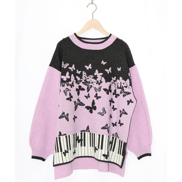 パープル | ピアノ×蝶柄バイカラーニットプルオーバー | ScoLar