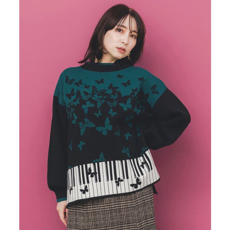 ピアノ×蝶柄バイカラーニットプルオーバー[品番：SRSW0002233]｜ScoLar