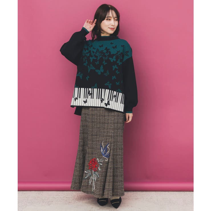 ピアノ×蝶柄バイカラーニットプルオーバー | ScoLar | 詳細画像1 