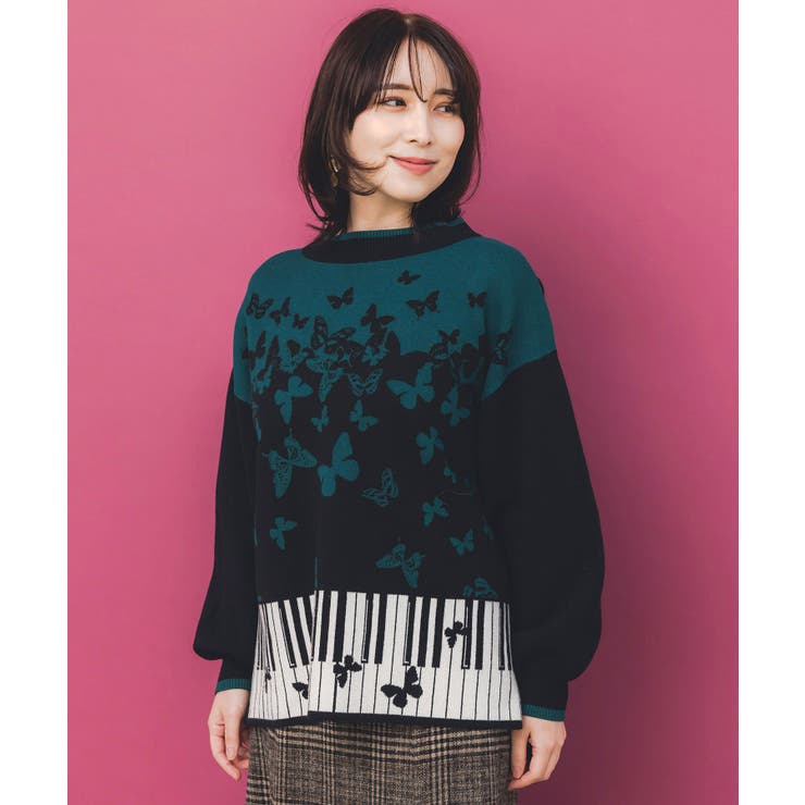 ピアノ×蝶柄バイカラーニットプルオーバー | ScoLar | 詳細画像2 