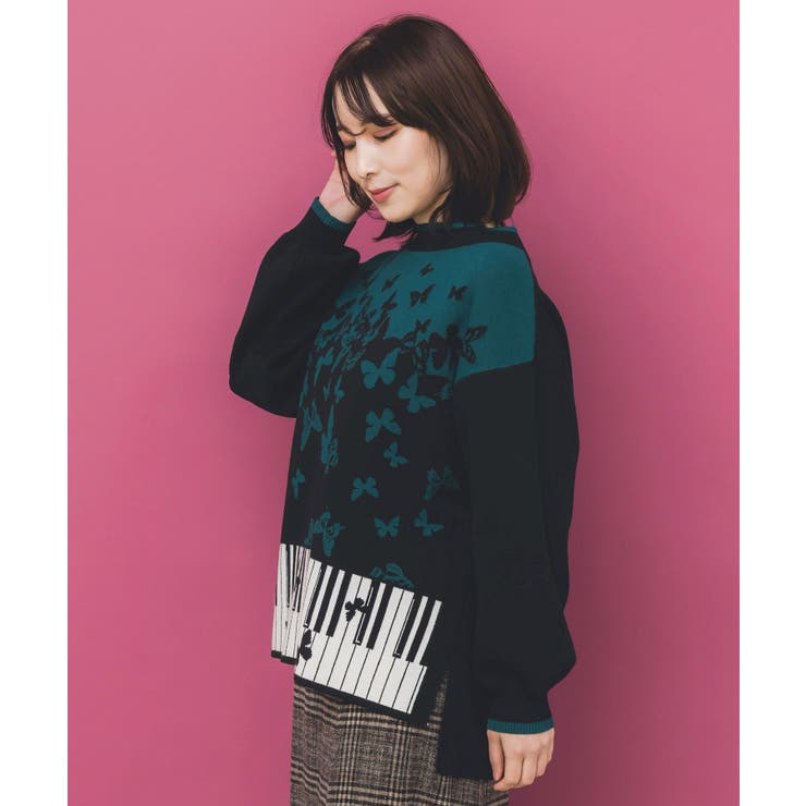 ピアノ×蝶柄バイカラーニットプルオーバー | ScoLar | 詳細画像3 
