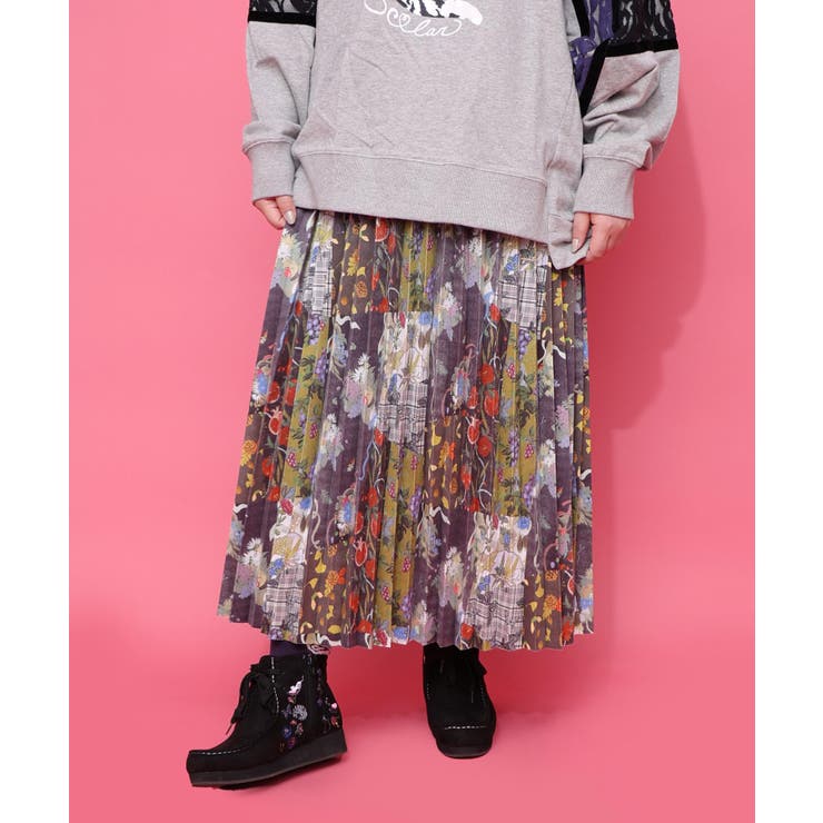 ボルドー | 豊穣と繁栄柄スウェードポンチプリーツスカート | ScoLar