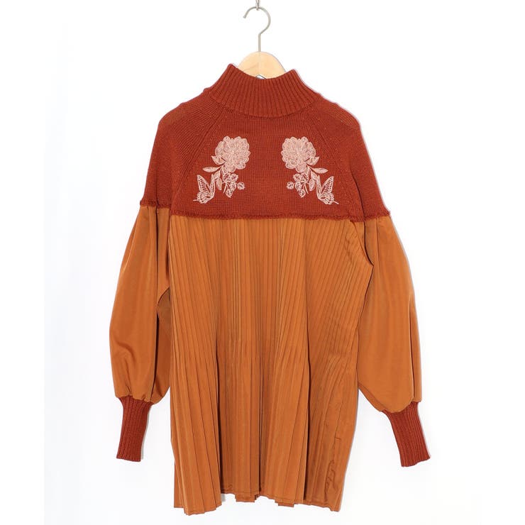 オレンジ | 花刺繍ニット×プリーツ異素材切替プルオーバー | ScoLar