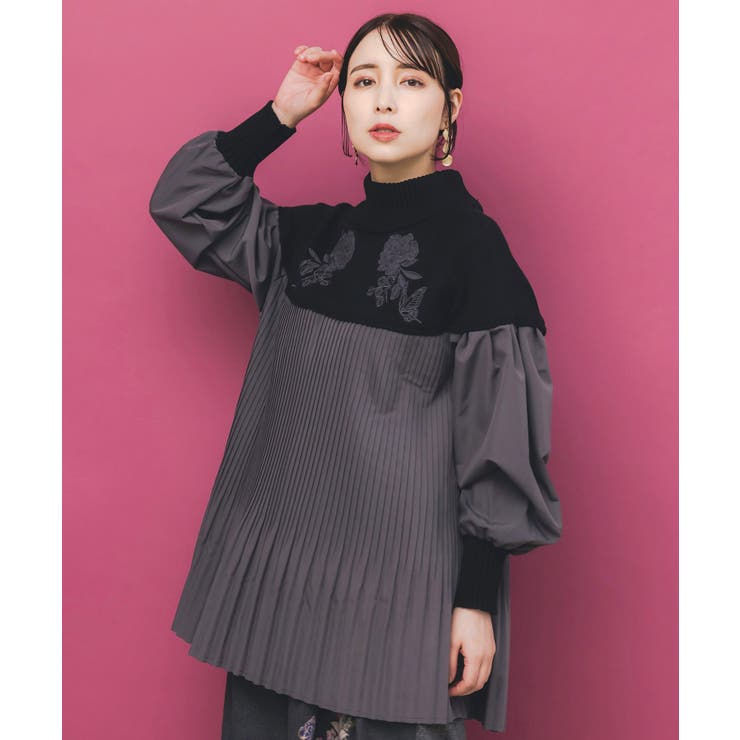 ブラック | 花刺繍ニット×プリーツ異素材切替プルオーバー | ScoLar