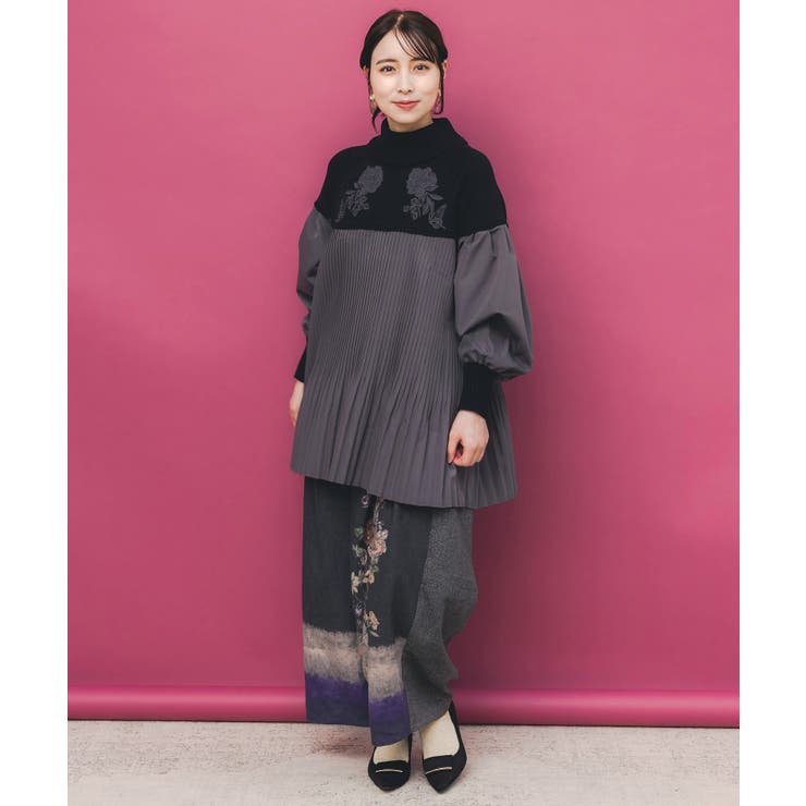 花刺繍ニット×プリーツ異素材切替プルオーバー | ScoLar | 詳細画像1 