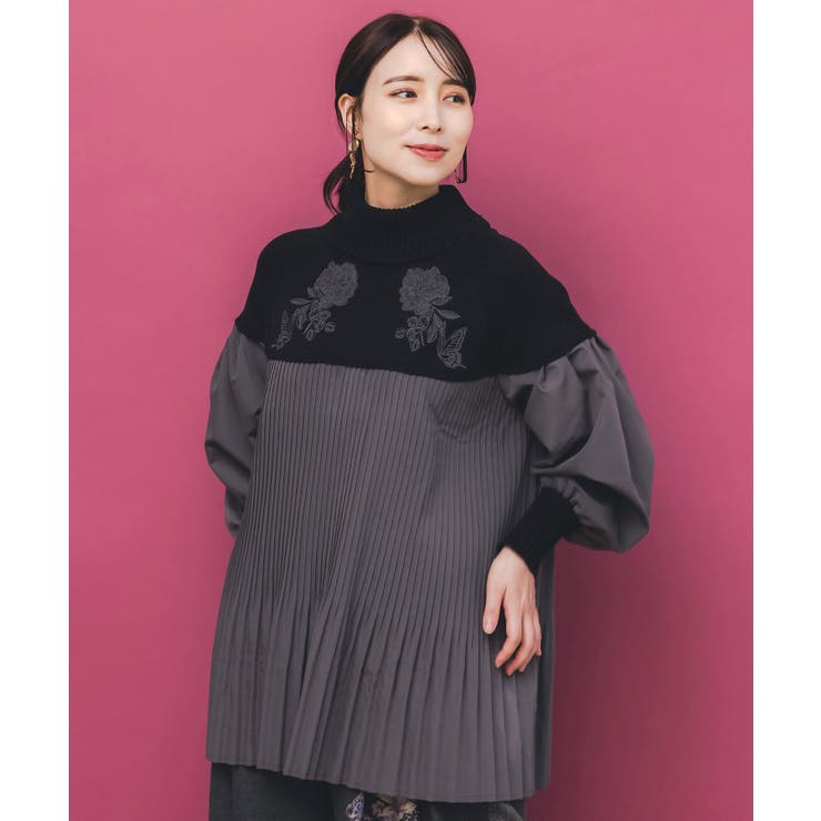 花刺繍ニット×プリーツ異素材切替プルオーバー | ScoLar | 詳細画像2 