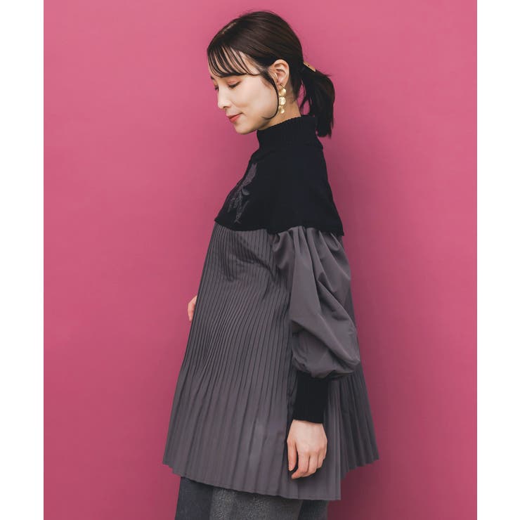 花刺繍ニット×プリーツ異素材切替プルオーバー | ScoLar | 詳細画像3 