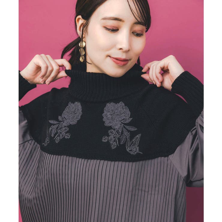 花刺繍ニット×プリーツ異素材切替プルオーバー | ScoLar | 詳細画像6 