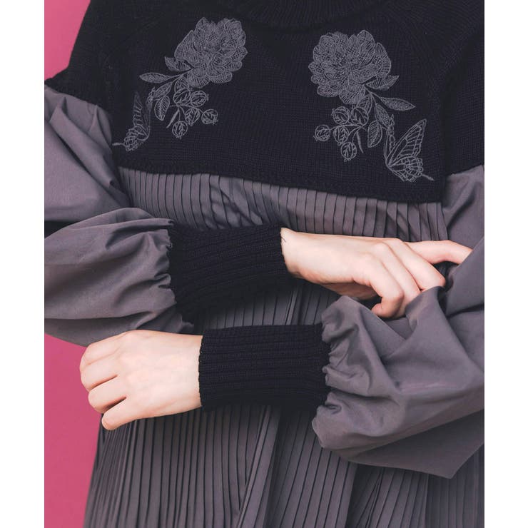 花刺繍ニット×プリーツ異素材切替プルオーバー | ScoLar | 詳細画像7 