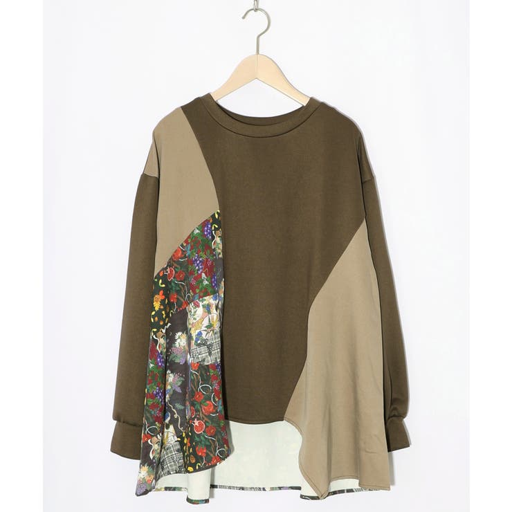 カーキ | 花蝶柄×無地リメイク風 異素材切替プルオーバー | ScoLar