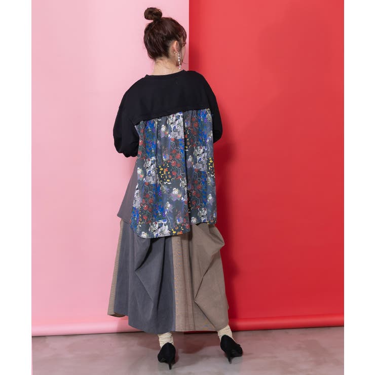 花蝶柄×無地リメイク風 異素材切替プルオーバー | ScoLar | 詳細画像5 