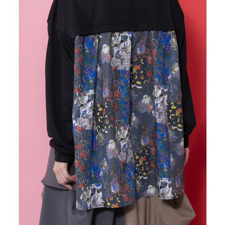 花蝶柄×無地リメイク風 異素材切替プルオーバー | ScoLar | 詳細画像6 