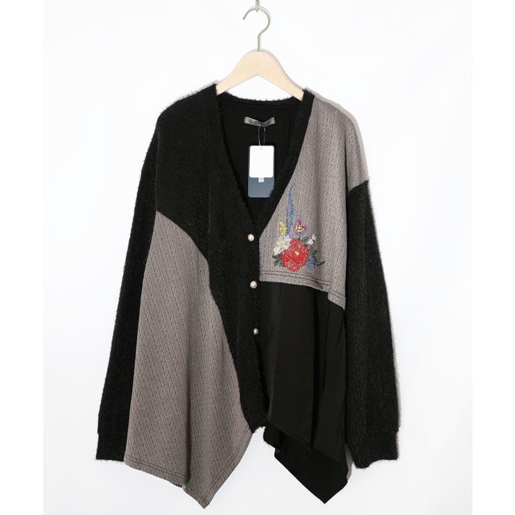 ブラック | 3素材ミックス花×蝶刺繍カーディガン | ScoLar