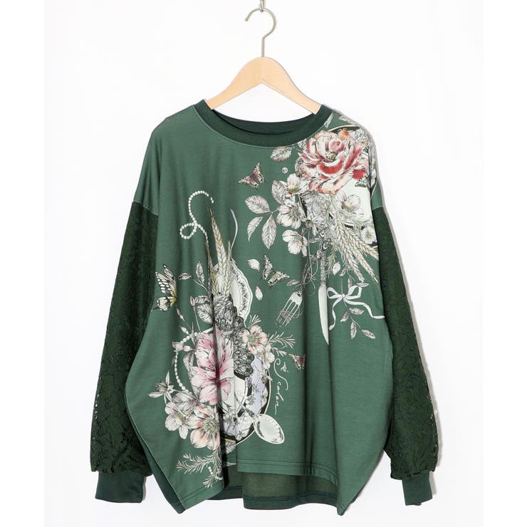 グリーン | 花蝶裏毛×レース切替プルオーバー | ScoLar