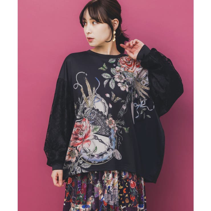 ブラック | 花蝶裏毛×レース切替プルオーバー | ScoLar