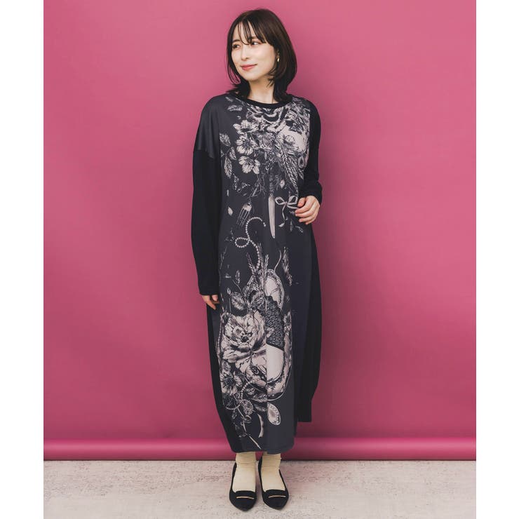 ブラック | 花柄×無地バイカラー裏毛ワンピース | ScoLar