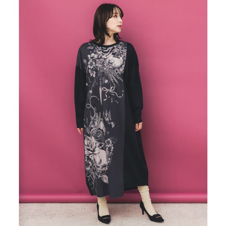 花柄×無地バイカラー裏毛ワンピース | ScoLar | 詳細画像1 