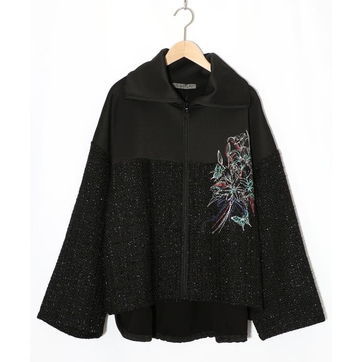 ブラック | ダンボールニット×ツイード花刺繍ブルゾン | ScoLar