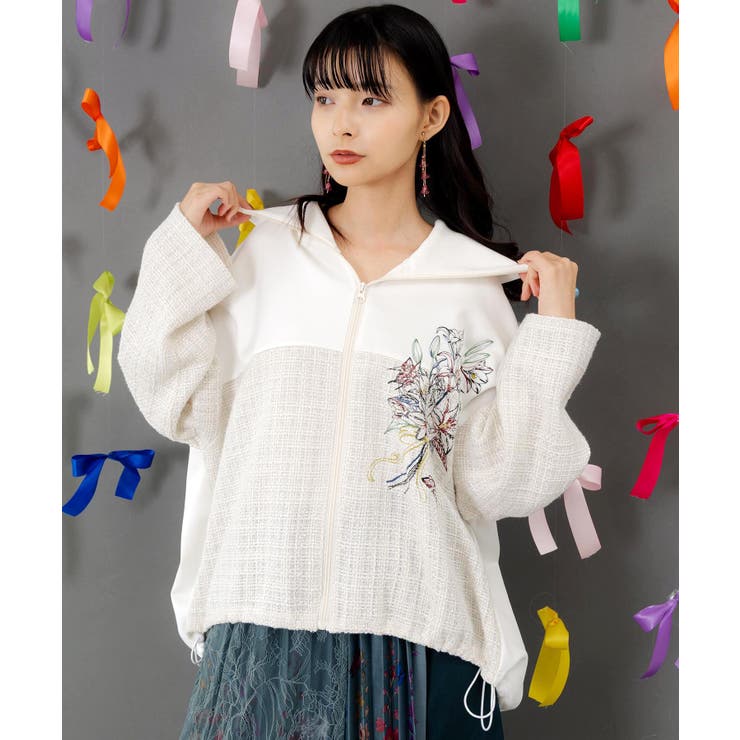 アイボリー | ダンボールニット×ツイード花刺繍ブルゾン | ScoLar