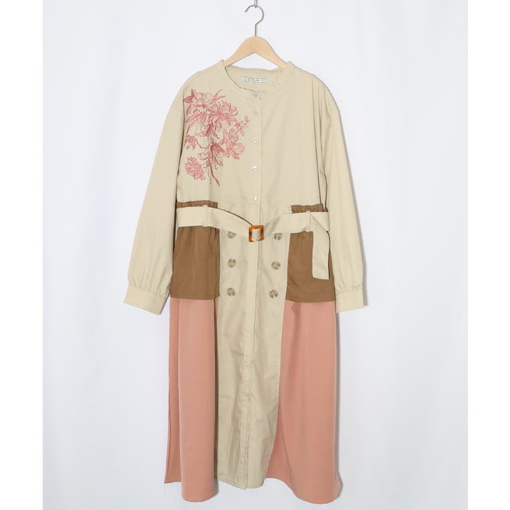 アイボリー | 花刺繍トレンチコート風 異素材切替ワンピース | ScoLar