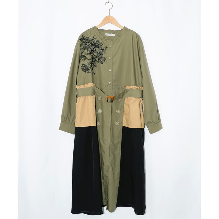 花刺繍トレンチコート風 異素材切替ワンピース | ScoLar | 詳細画像14 