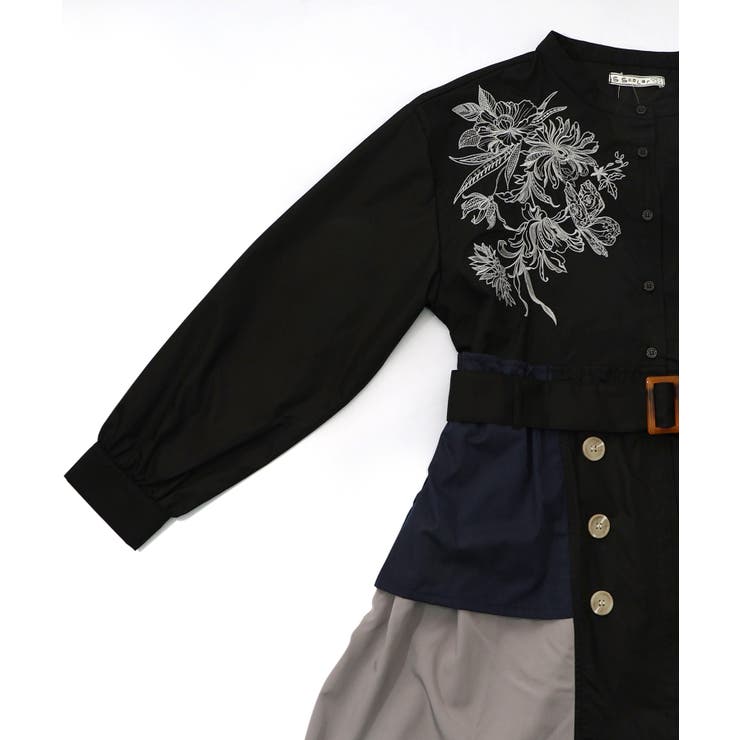 花刺繍トレンチコート風 異素材切替ワンピース | ScoLar | 詳細画像19 