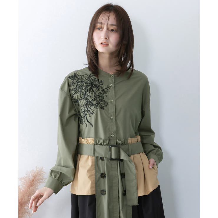 花刺繍トレンチコート風 異素材切替ワンピース | ScoLar | 詳細画像1 