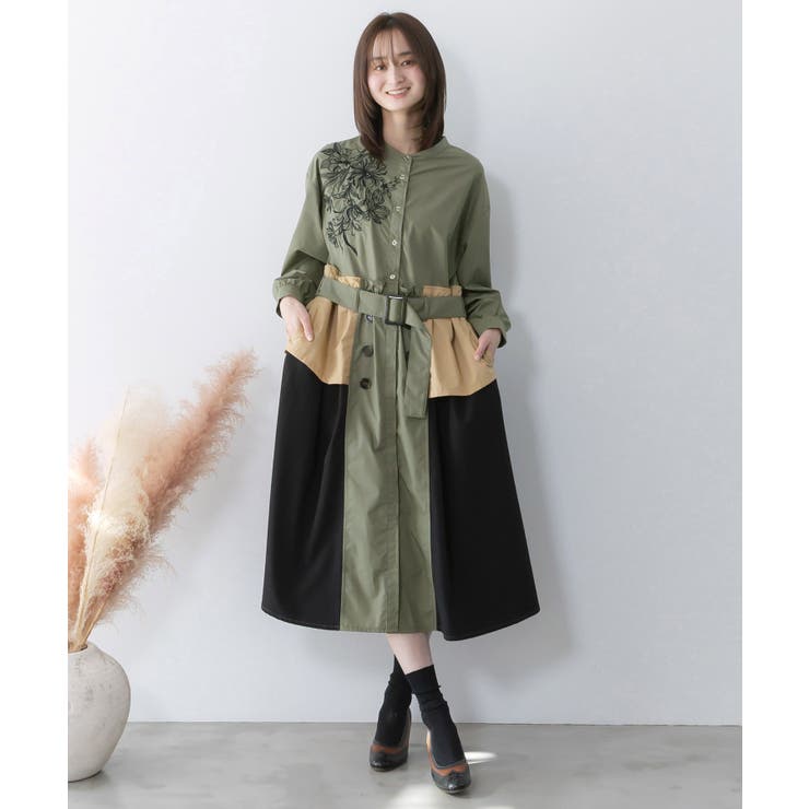 花刺繍トレンチコート風 異素材切替ワンピース | ScoLar | 詳細画像2 