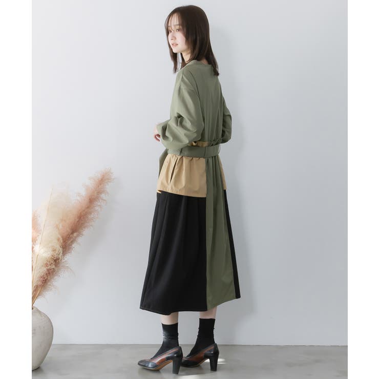 花刺繍トレンチコート風 異素材切替ワンピース | ScoLar | 詳細画像3 