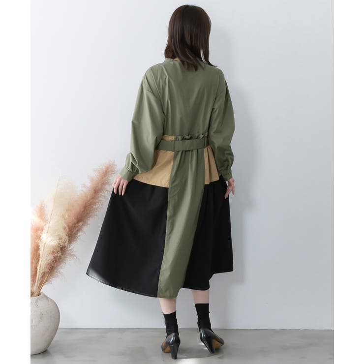 花刺繍トレンチコート風 異素材切替ワンピース | ScoLar | 詳細画像4 