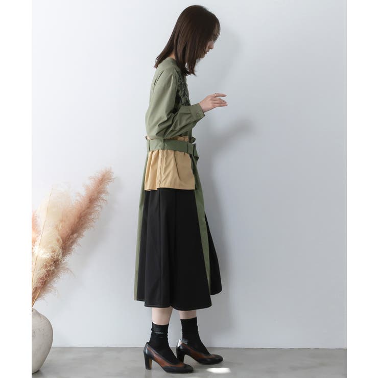 花刺繍トレンチコート風 異素材切替ワンピース | ScoLar | 詳細画像5 