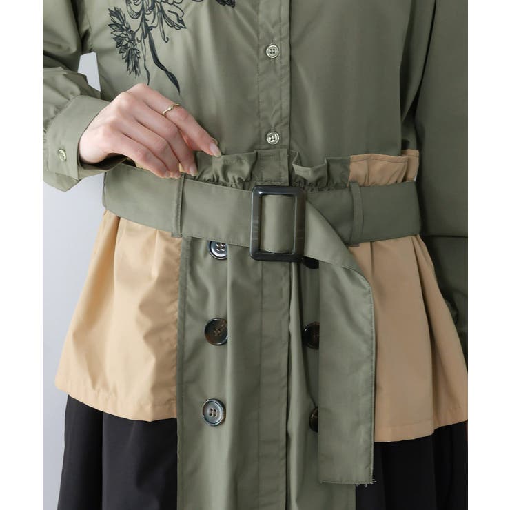 花刺繍トレンチコート風 異素材切替ワンピース | ScoLar | 詳細画像7 