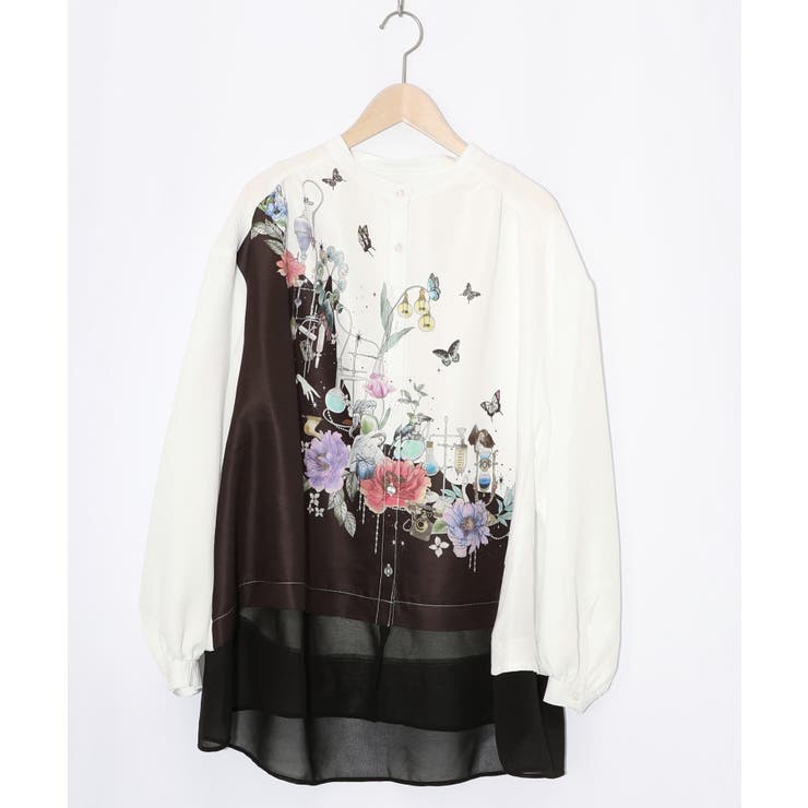 布帛ｘシフォン異素材切替バイカラー花柄シャツ | ScoLar | 詳細画像7 