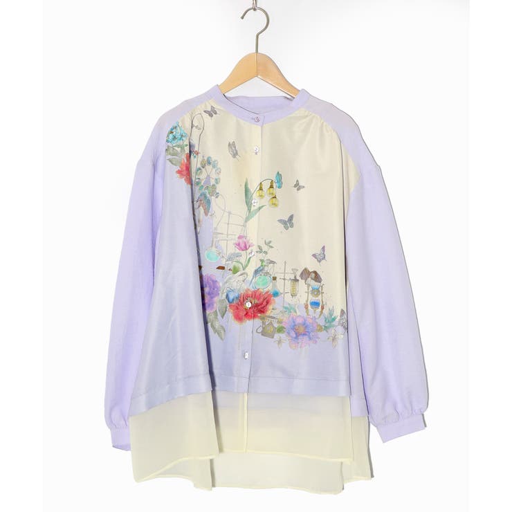 パープル | 布帛ｘシフォン異素材切替バイカラー花柄シャツ | ScoLar