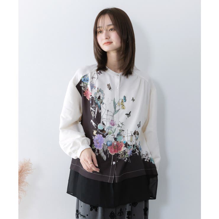 布帛ｘシフォン異素材切替バイカラー花柄シャツ | ScoLar | 詳細画像1 