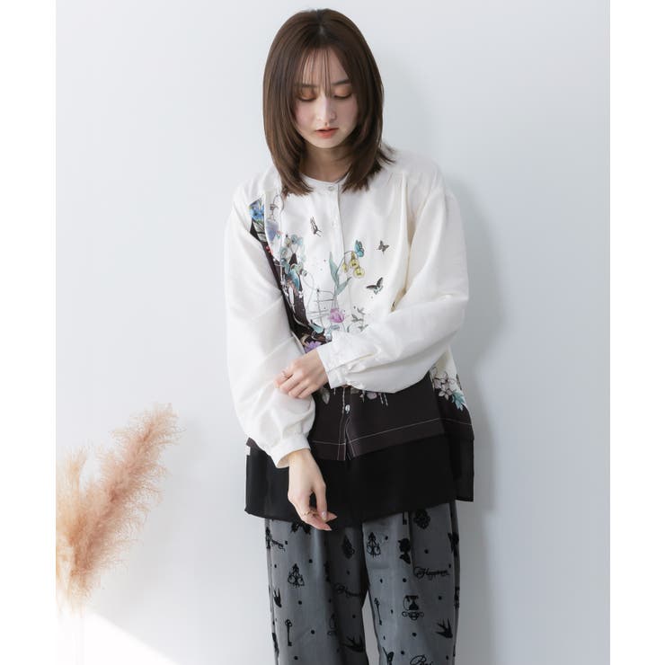 布帛ｘシフォン異素材切替バイカラー花柄シャツ | ScoLar | 詳細画像2 