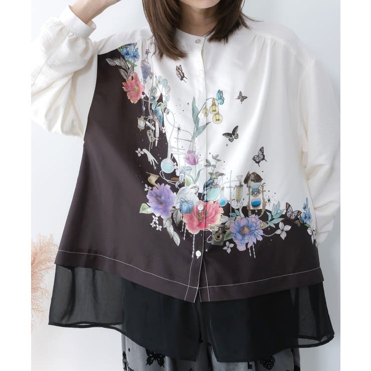 布帛ｘシフォン異素材切替バイカラー花柄シャツ | ScoLar | 詳細画像4 