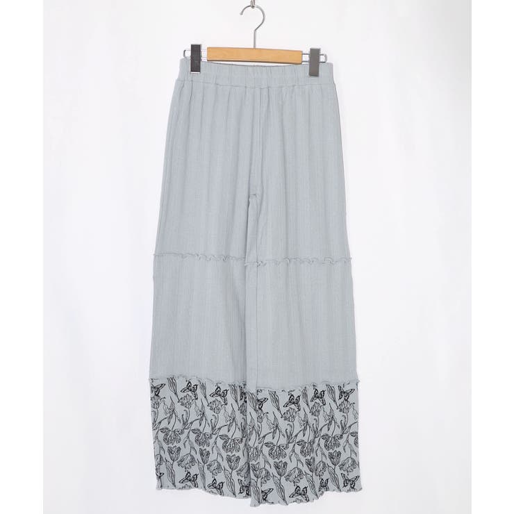 サックス | 花蝶柄テレコ素材メロウ入りパンツ | ScoLar