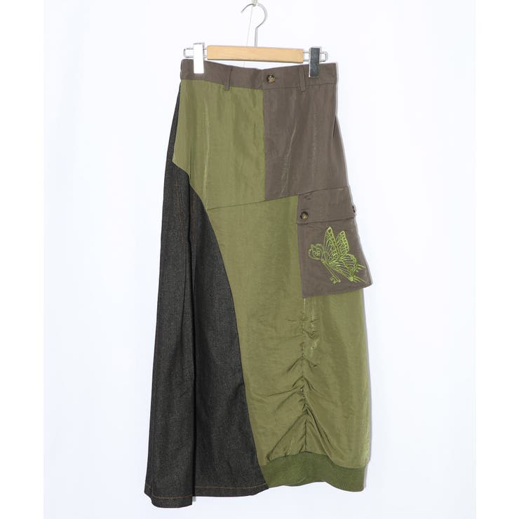 蝶鍵モチーフ刺繍 ナイロン×デニム切替配色スカート | ScoLar | 詳細画像10 